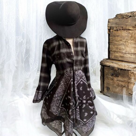 Black Flannel Long Asymmetric Hem Boho Western Cardigan Duster NEW - Picture 3 of 4